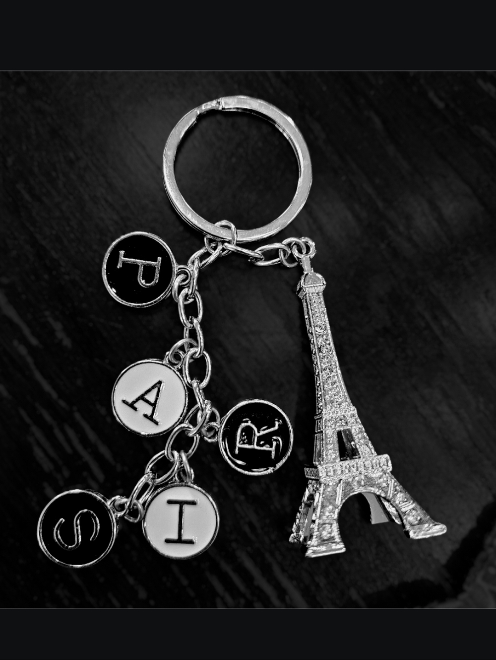 Paris Eiffel Tower Charm Keychain in Silver with Black & White Letter Discs